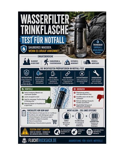 Wasserfilter Trinkflasche Test für Notfall Checkliste – laminierte Premium-Version