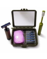 Kompaktes Travel Rasier- und Zahnbürsten Set in wasserdichter Box mit Spiegel und Seife