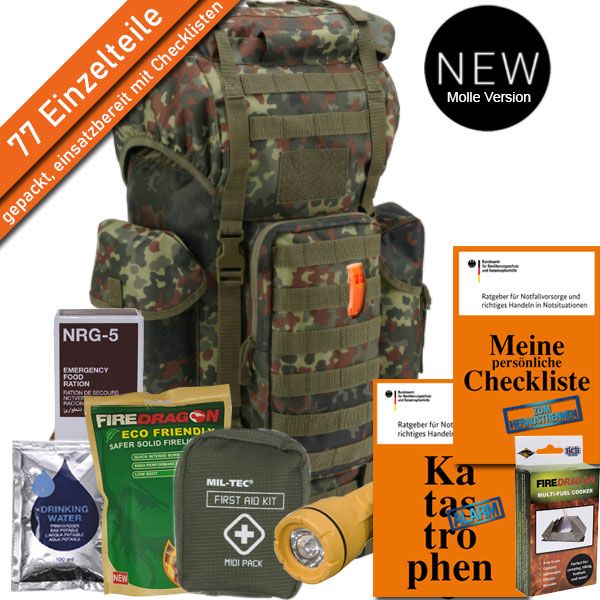 Krisenvorsorge Survival Shop - Notfallrucksack Basic Mollesystem in  Flecktarn - PrepBag