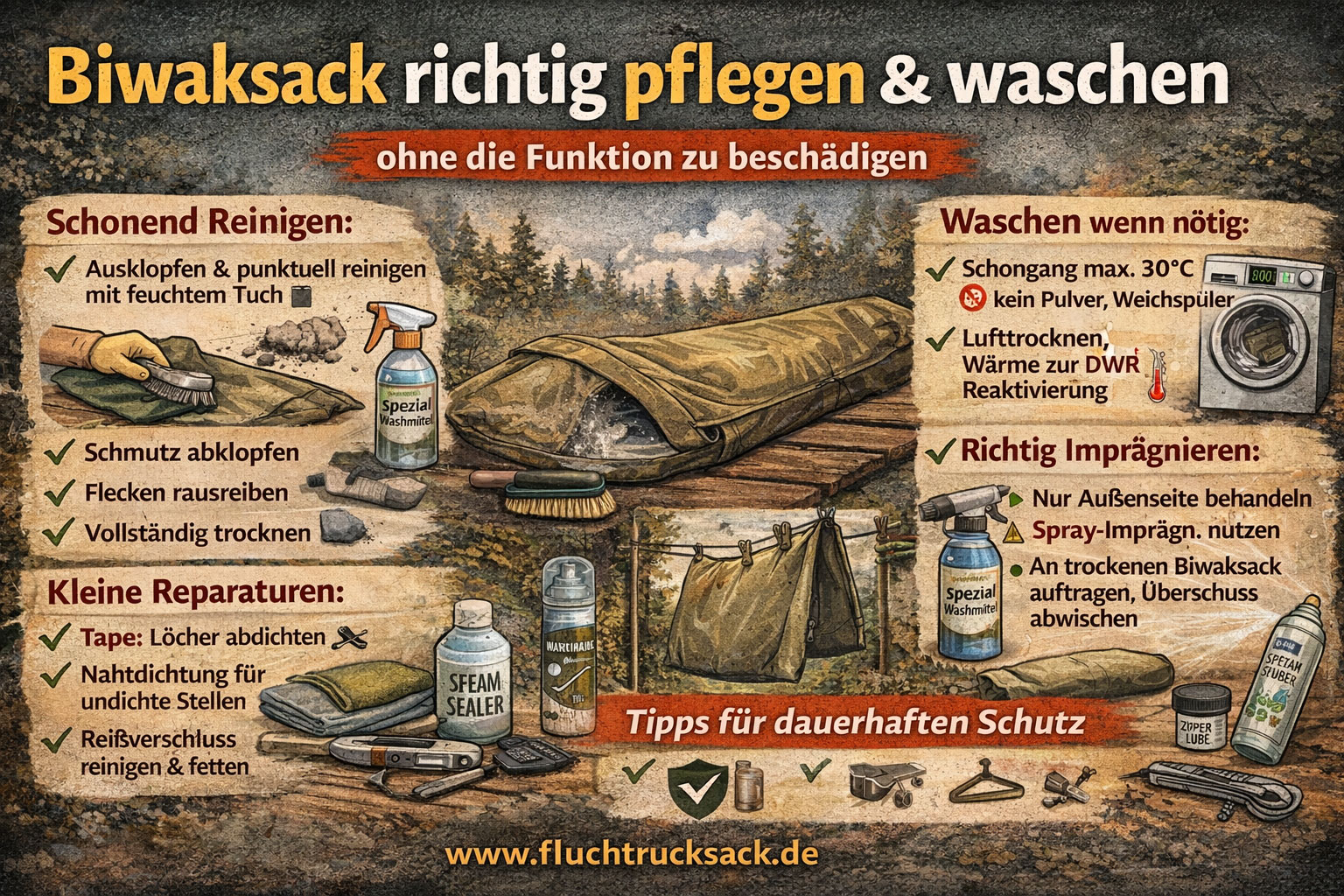 Biwaksack richtig pflegen und waschen, ohne ihn zu beschädigen