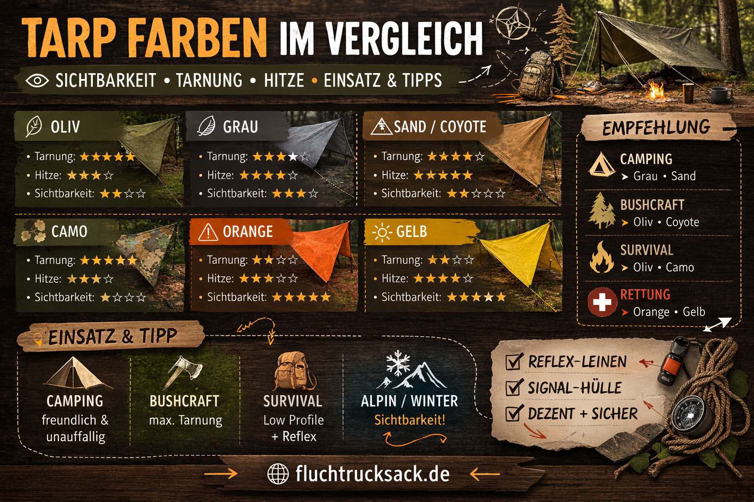 Tarp Farben im Vergleich – Welche Farbe ist ideal für Camping, Bushcraft & Survival?