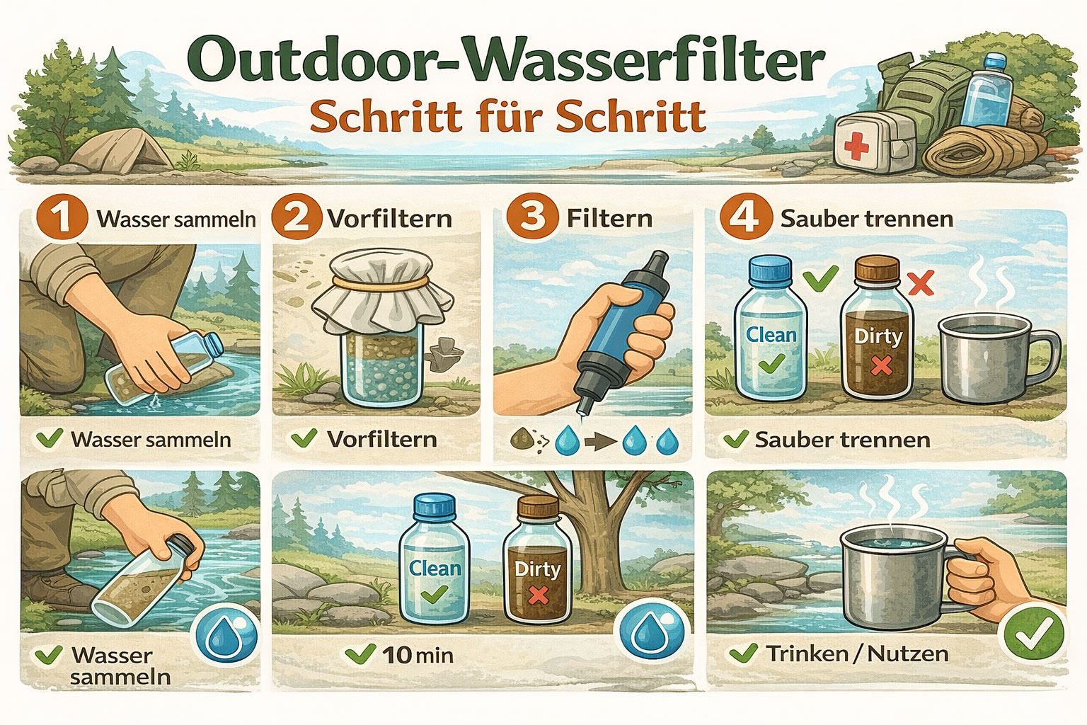 So funktioniert ein Outdoor-Wasserfilter Schritt für Schritt