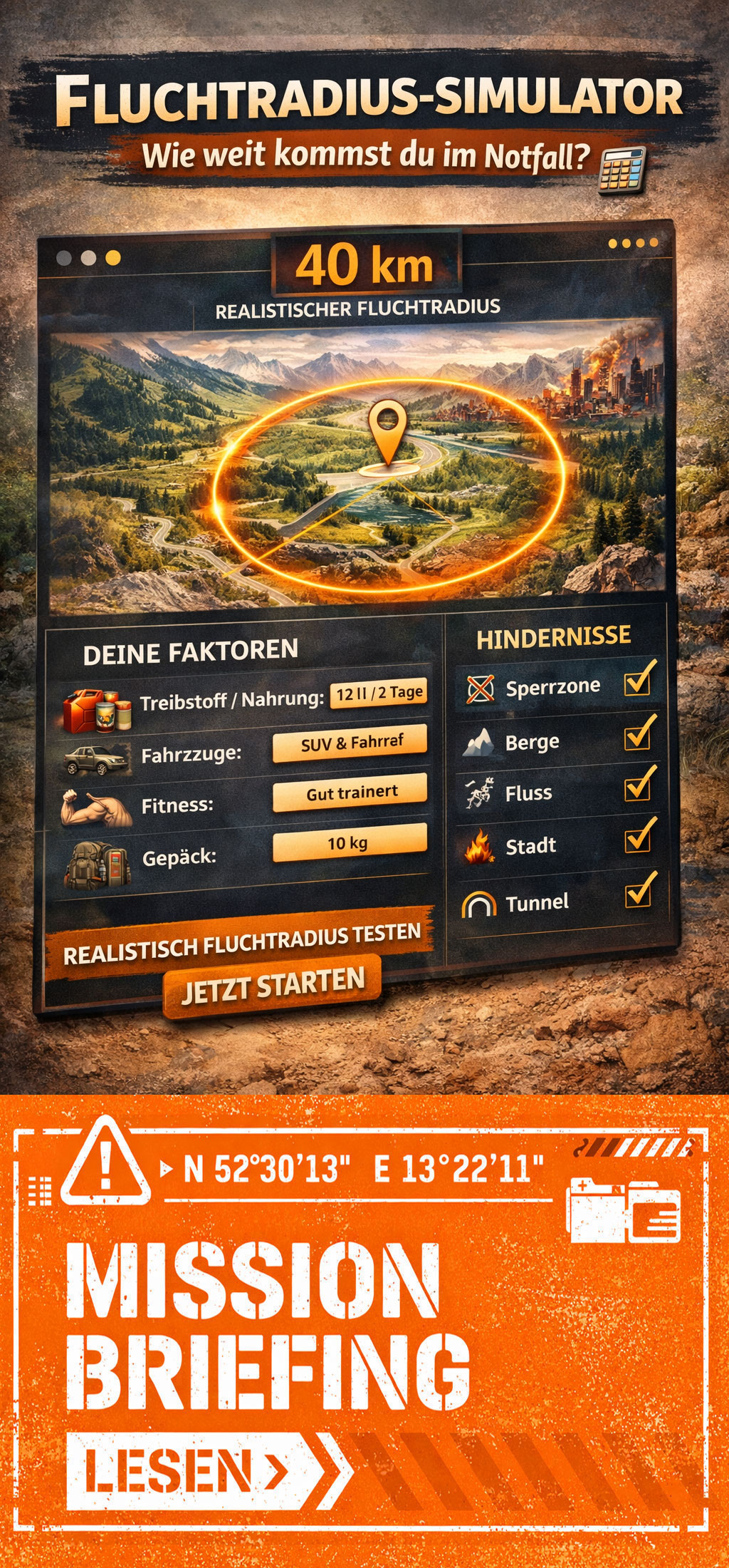 Notfallrucksack, deinen Fluchtradius am Simulator berechnen