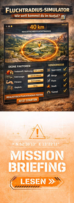Notfallrucksack, deinen Fluchtradius am Simulator berechnen