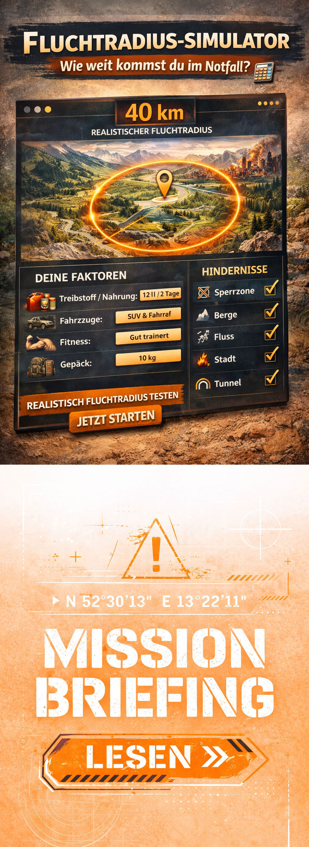 Notfallrucksack, deinen Fluchtradius am Simulator berechnen